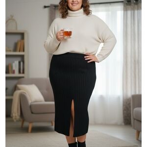 Aerie Black Ribbed Pencil Skirt with Front Slit